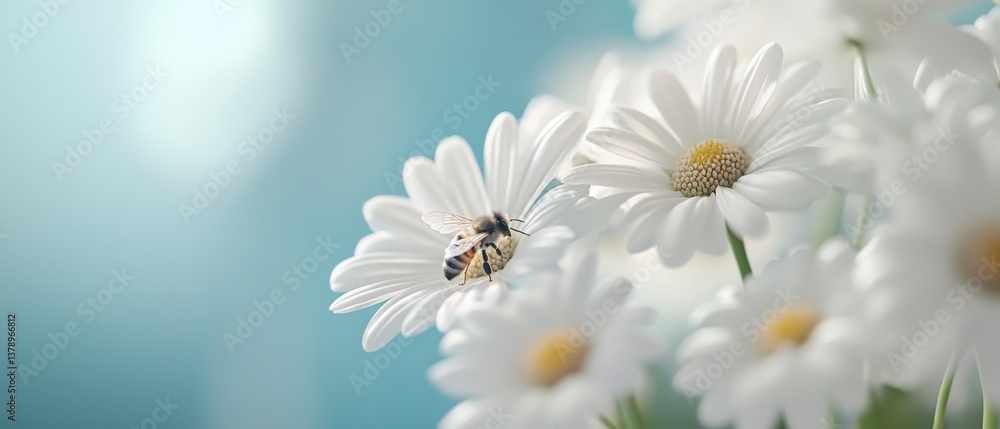 Fototapeta premium A delicate bee perches on a white daisy, capturing the purity and harmony of nature in a tranquil moment.