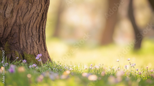 wildflowers spring to summer in the grass arround trees in a park