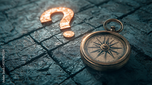Antique compass and question mark on stone