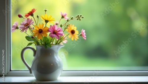 Wallpaper Mural Delicate wildflowers in ceramic pitcher on windowsill, purple, rustic, green Torontodigital.ca