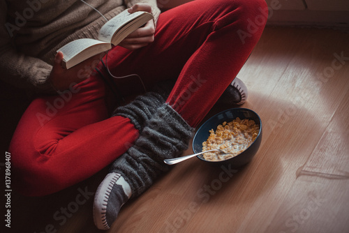 Young woman relaxing indoors in winter