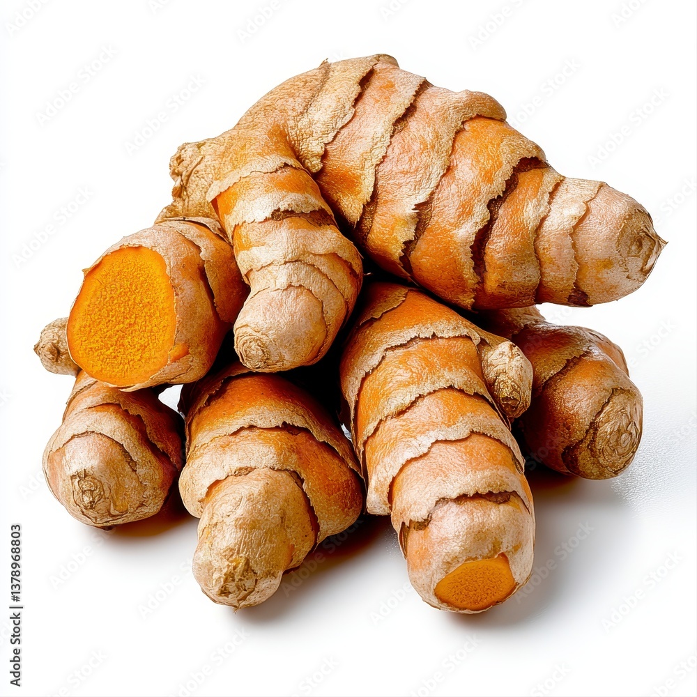 Pile of fresh ginger showcasing its unique shape and earthy texture against a bright white background for culinary inspiration Pile of fresh ginger showcasing its unique shape and earthy texture against a bright white background for culinary inspiration