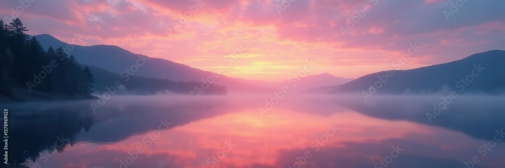 Obraz premium Serene lake, misty dawn, still water reflecting sky, tranquil, sun