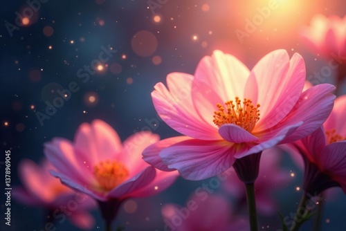 Radiant floral arrangement, celestial glow, delicate petals, galaxy, moon