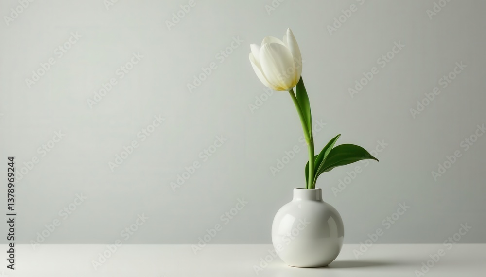 Single stem white tulip, minimalist vase, neutral background, closeup, elegant Single stem white tulip, minimalist vase, neutral background, closeup, elegant