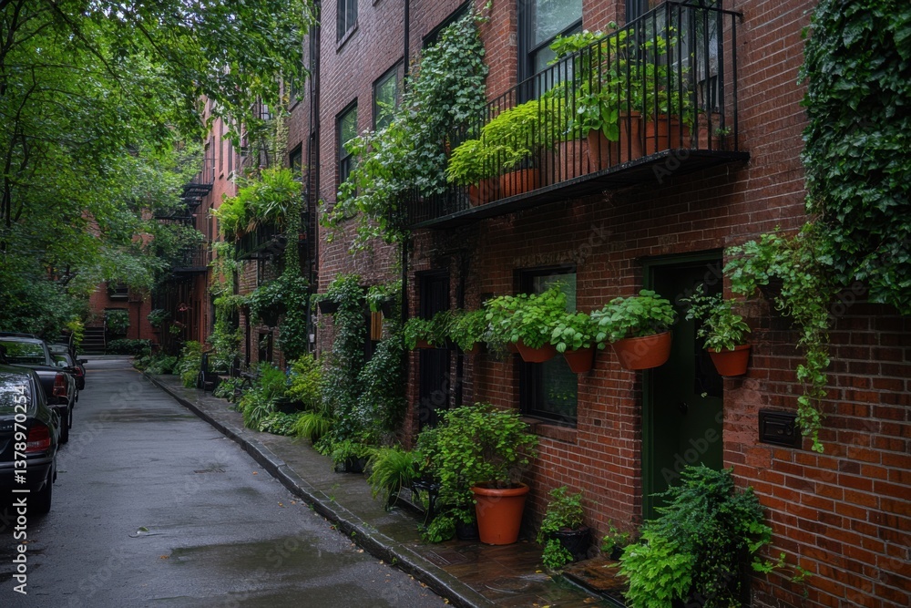 Fototapeta premium Charming urban alley adorned with vibrant greenery and lush plants on rainy day