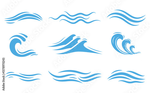 Water waves ocean, sea, river and lake icon vector collection set