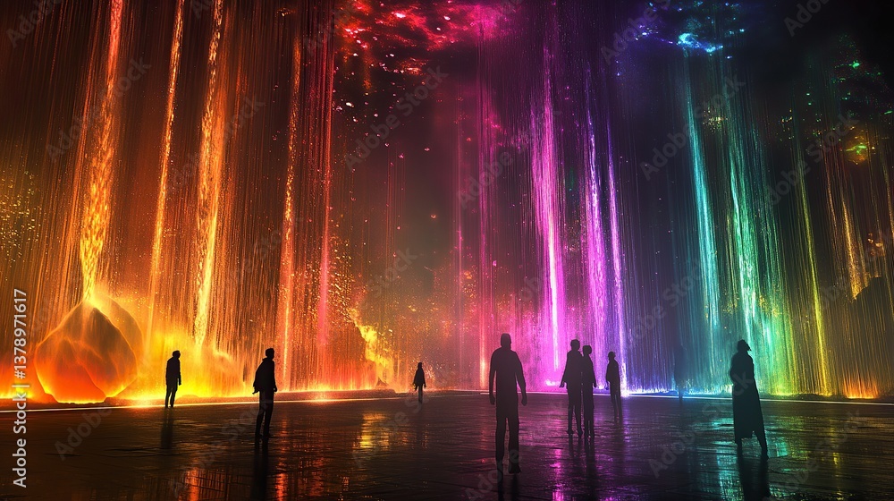 Shimmering abstract silhouettes emerging from fountains of changing colored light beams on a dark glossy platform beneath faint glowing orbs