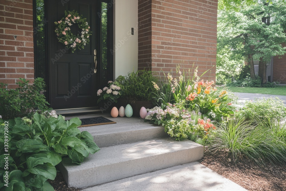 Naklejka premium Colorful spring decorations enhance the charm of a welcoming front porch with flowers and pastel eggs