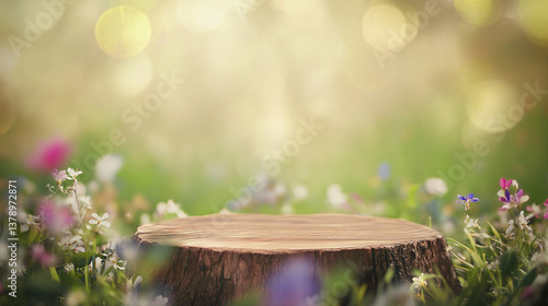 wildflowers spring to summer in the grass arround tree stump