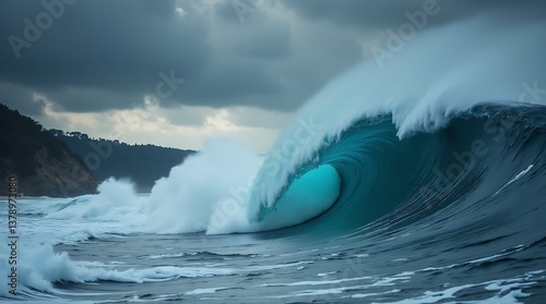 Powerful Tsunami Wave Approaching a Distant Coastline Under Stormy Skies