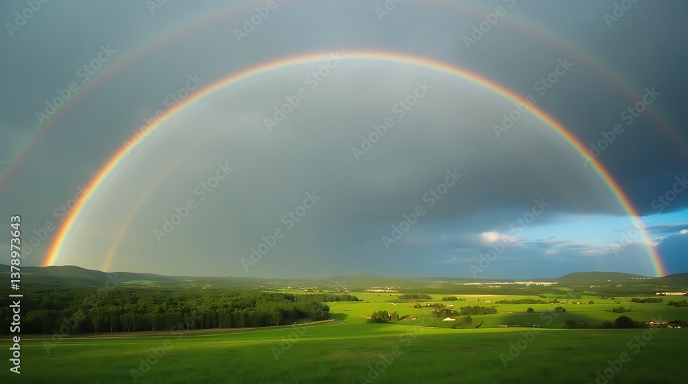 Stunning Double Rainbow Over a Green Valley After a Heavy Rainstorm Stunning Double Rainbow Over a Green Valley After a Heavy Rainstorm