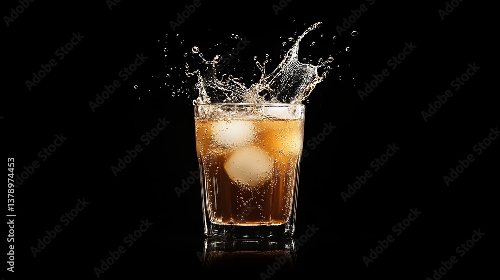 Refreshing Brown Soda Drink with Ice Cubes Splashing in Glass Dark Background Sparkling Beverage Cold Summer Thirst Quencher Delicious Tasty Sweet Refreshing Brown Soda Drink with Ice Cubes Splashing in Glass Dark Background Sparkling Beverage Cold Summer Thirst Quencher Delicious Tasty Sweet
