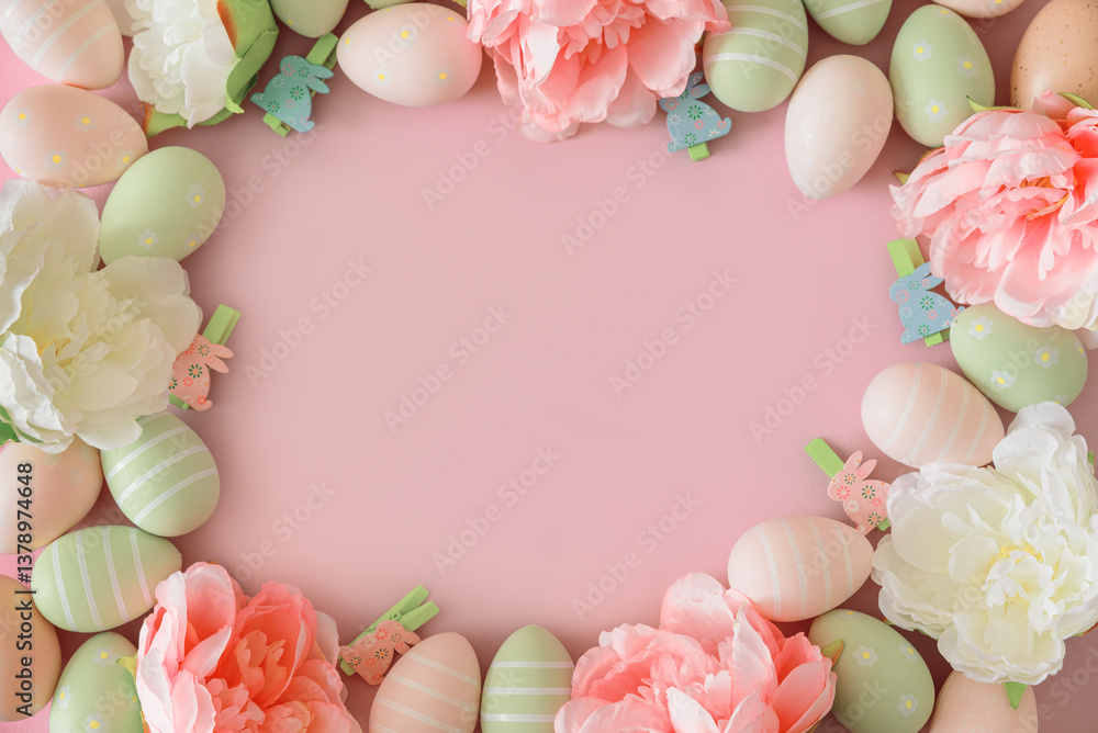 Easter eggs and spring flowers on pastel background. Top view Easter eggs and spring flowers on pastel background. Top view