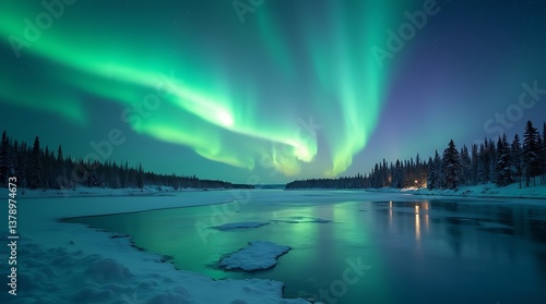 Wallpaper Mural Northern Lights Dancing Across the Arctic Sky, Reflected on a Frozen Lake
 Torontodigital.ca