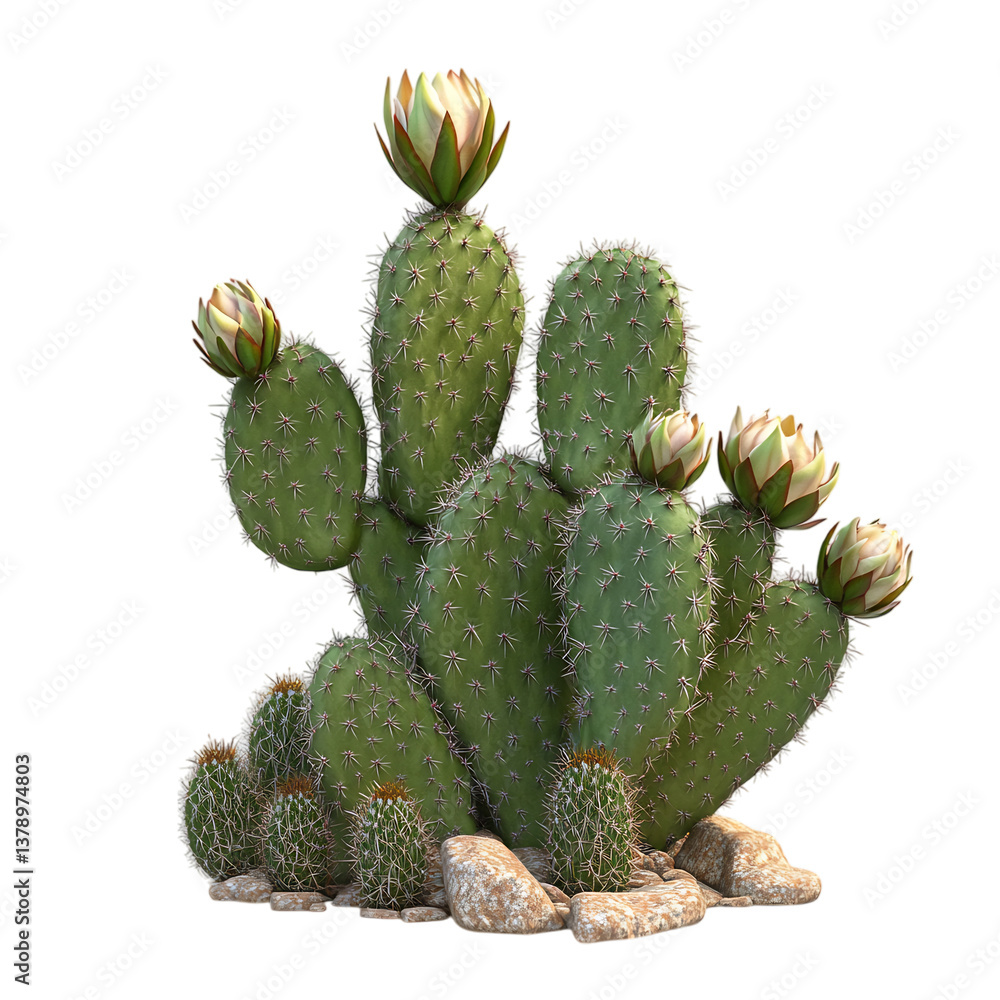3D Indoor Cactus with Green Leaves and Yellow Flowers Isolated on Transparent Background 3D Indoor Cactus with Green Leaves and Yellow Flowers Isolated on Transparent Background
