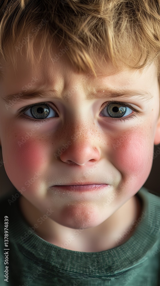 Close-up of a freckled, sad child wearing a green shirt, capturing raw emotion and innocence in a tender moment. Close-up of a freckled, sad child wearing a green shirt, capturing raw emotion and innocence in a tender moment.