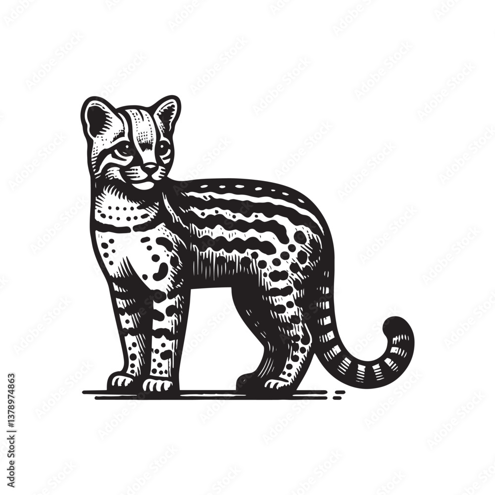 Fototapeta premium Ocelot Side View Vector Icon – Vintage Logo & Retro Illustration