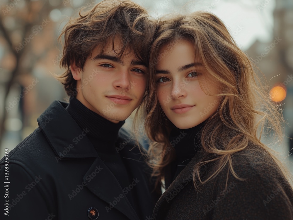Smiling young couple in cozy coats, enjoying a crisp autumn day, embodying warmth and connection amidst a blurred city backdrop. Smiling young couple in cozy coats, enjoying a crisp autumn day, embodying warmth and connection amidst a blurred city backdrop.