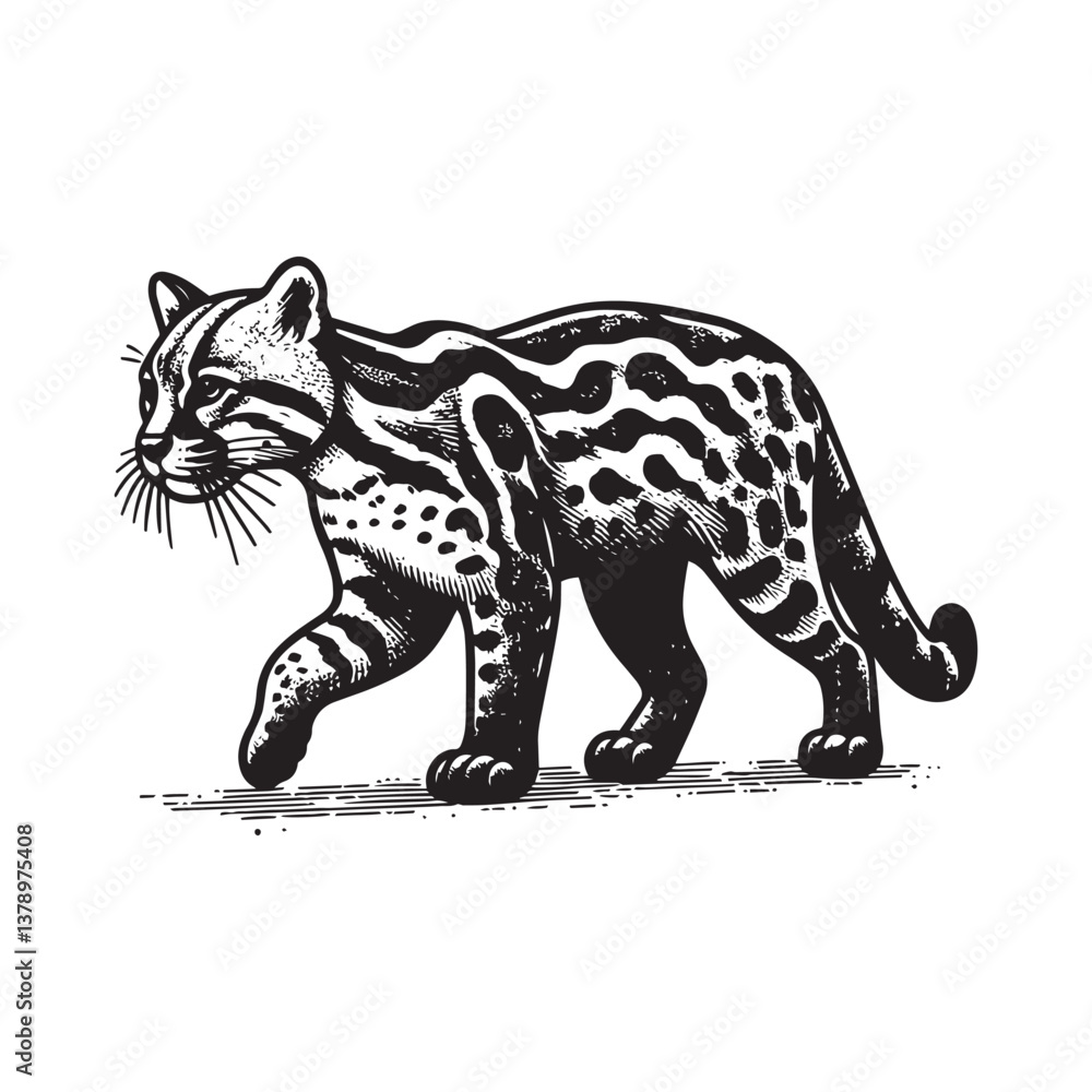 Fototapeta premium Ocelot Walking Vector Icon – Vintage Logo & Retro Illustration