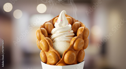 Delightful Hong Kong egg waffle cone with creamy ice cream and candy topping
