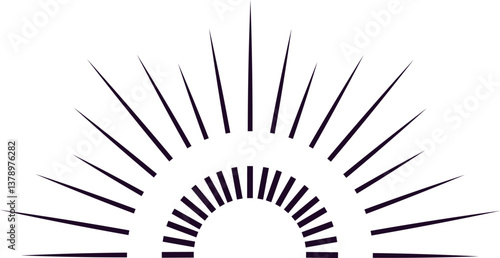 Sun rays emerging from a semicircle radiating bright light beams creating a vibrant and energetic atmosphere, suitable for various design purposes