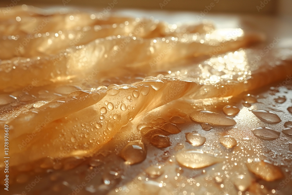 Close-up of shimmering water droplets on soft, translucent fabric, capturing the interplay of light and texture. Close-up of shimmering water droplets on soft, translucent fabric, capturing the interplay of light and texture.