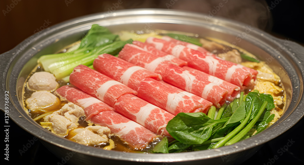 Authentic Asian Hot Pot Experience with Fresh Meats and Vibrant Vegetables Authentic Asian Hot Pot Experience with Fresh Meats and Vibrant Vegetables