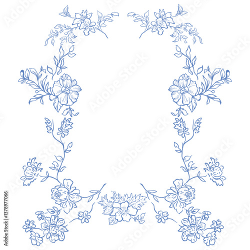 Line Art Blue Floral Frame. Vector Illustration