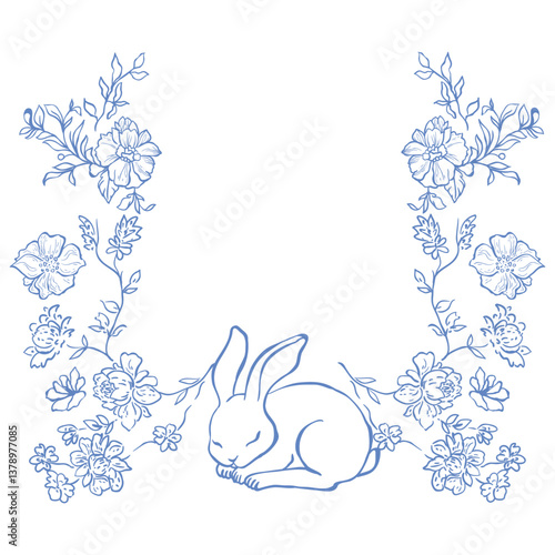 Line Art Blue Easter Floral Frame. Vector Illustration