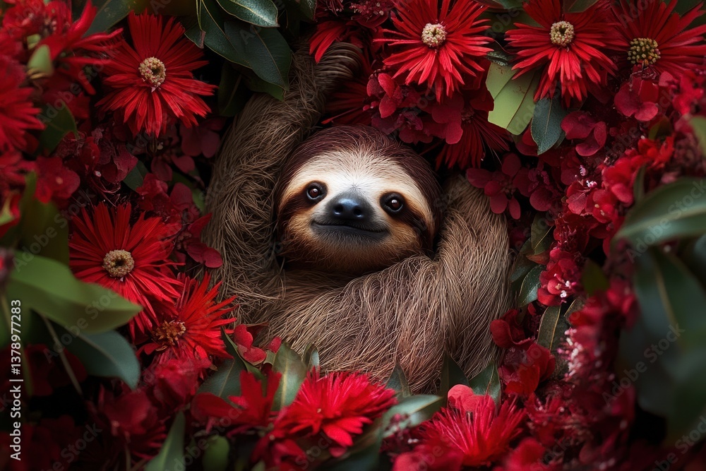 Adorable sloth relaxing among lush red flowers and foliage with calm expression