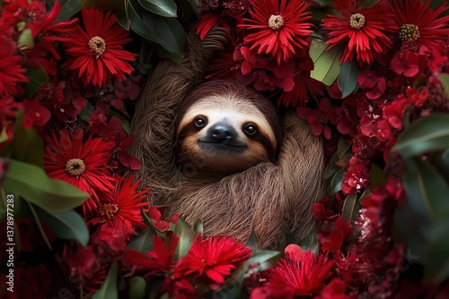 Obraz na płótnie Adorable sloth relaxing among lush red flowers and foliage with calm expression w salonie