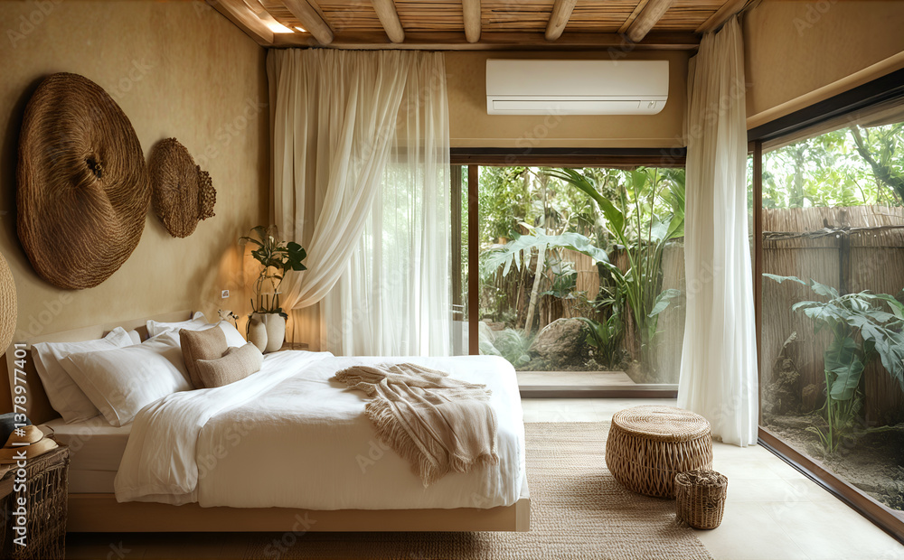 Serene rustic bedroom with nature view and cozy textiles in boho style
