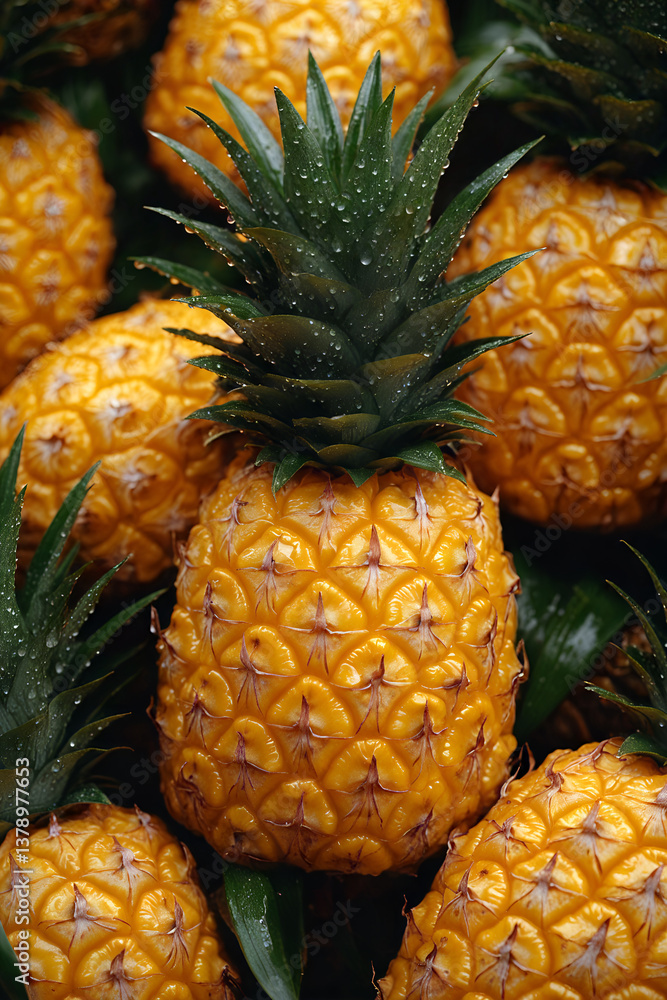 Fresh ripe pineapples with dewdrops highlighted against a dark green leaf background