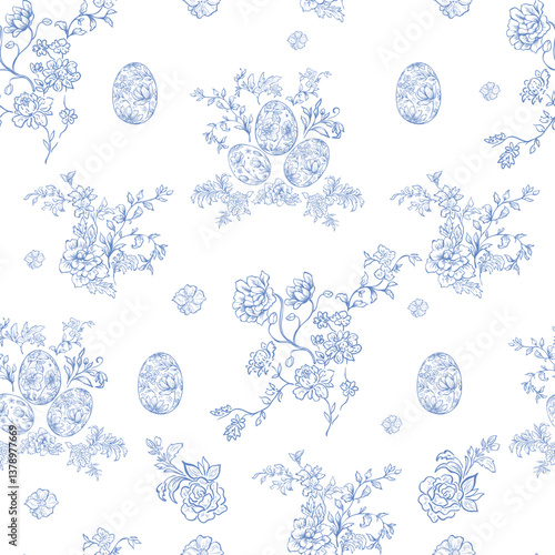 Line Art Blue Easter Seamless Pattern. Vector Illustration.