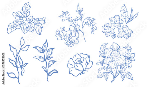 Set of Line Art Blue Flowers and Plants. Vector Illustration.