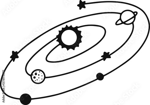 Minimalist black and white vector illustration of planets orbiting around the sun with stars, perfect for educational or space themed projects