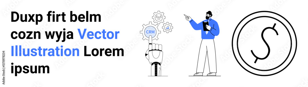 Robotic hand activating CRM icon, professional analyzing process with tablet, gear connections highlighting innovation and business. Ideal for automation, technology, strategy, finance, AI, business Robotic hand activating CRM icon, professional analyzing process with tablet, gear connections highlighting innovation and business. Ideal for automation, technology, strategy, finance, AI, business