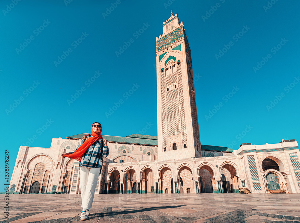 Female tourist enjoying her visit to the Hassan II Mosque in Casablanca, Morocco, one of the largest mosques in the world