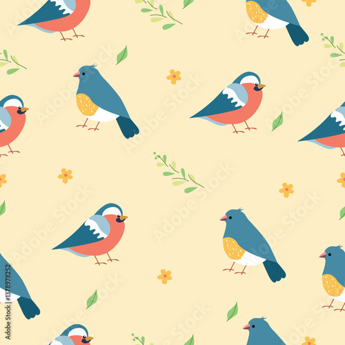 Playful seamless pattern featuring blue birds with orange bellies and small flowers and green leaves on a light yellow background.