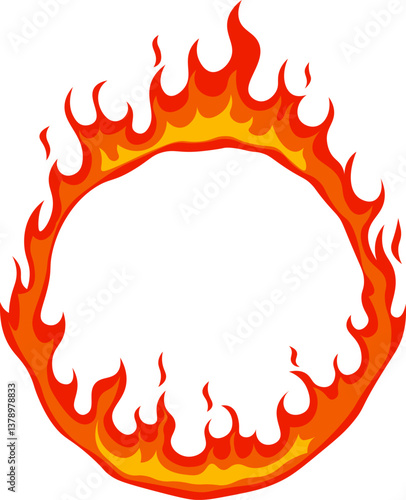 Cartoonish ring of fire blazing with vibrant red and orange flames against a crisp white background, representing concepts of danger, inferno, heat, and destruction