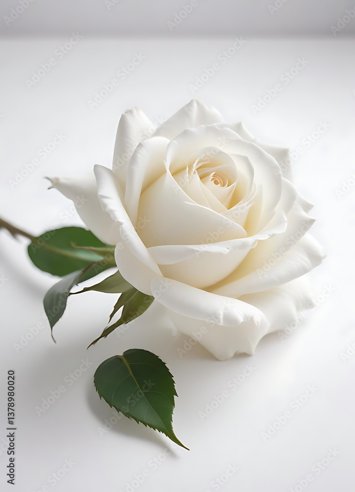 Fototapeta premium legant White Rose with Green Leaves on Plain Background