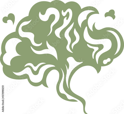 Stylized green smoke cloud rising with swirling and waving lines, forming an abstract and dynamic visual that captures attention with its vibrant energy and fluid motion