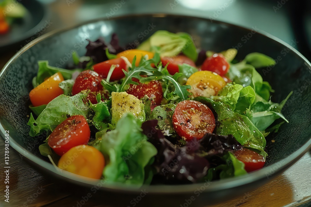 a salad featuring mixed greens, cherry tomatoes, and avocado on a rustic table a salad featuring mixed greens, cherry tomatoes, and avocado on a rustic table