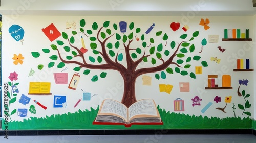 Colorful school mural knowledge tree, open book, learning