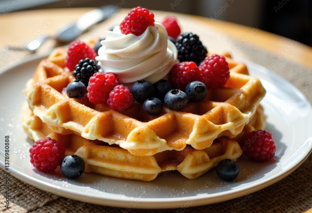 Delicious waffles topped with fresh berries and whipped cream Delicious waffles topped with fresh berries and whipped cream
