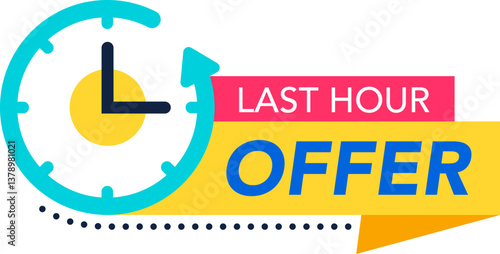 Clock face with ongoing arrow showing last hour offer, advertising special promotion with deadline, marketing campaign promoting sales with countdown
