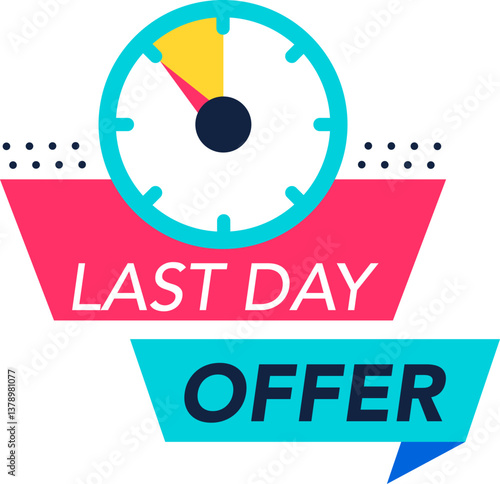 Clock displaying nearly expired time, accompanied by a last day offer banner below, creating urgency for promoting limited time deals and enticing shoppers to take action