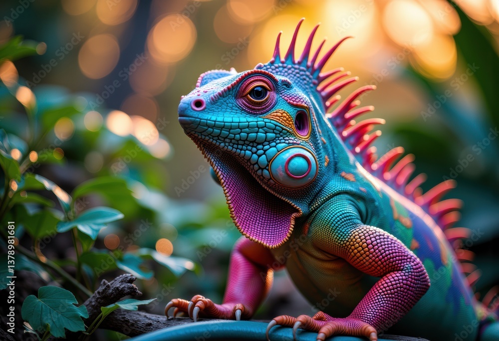 Fototapeta premium Colorful iguana with vibrant scales resting among lush greenery
