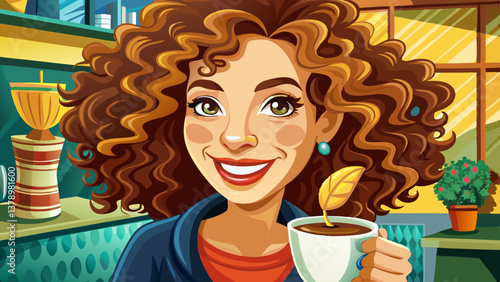 Charming woman with curly hair holding up her coffee cup with a smile, in a café setting